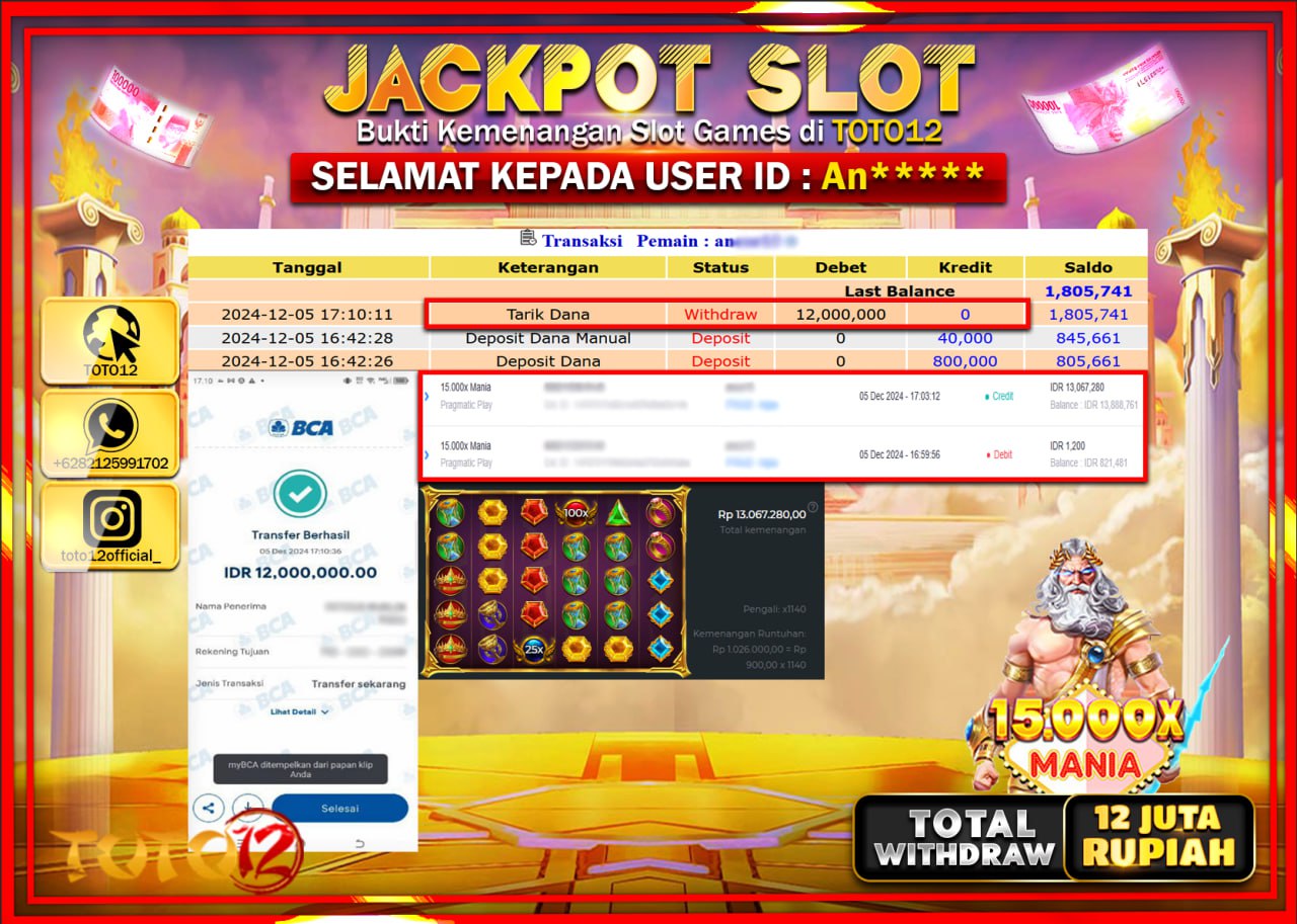 HANYA DI TOTO12 JP PASTI DI BAYAR LUNAS DAN CEPAT!!!!!! JACKPOT SLOT GAME (15.000X MANIA) Rp.12.000.000 !!!!