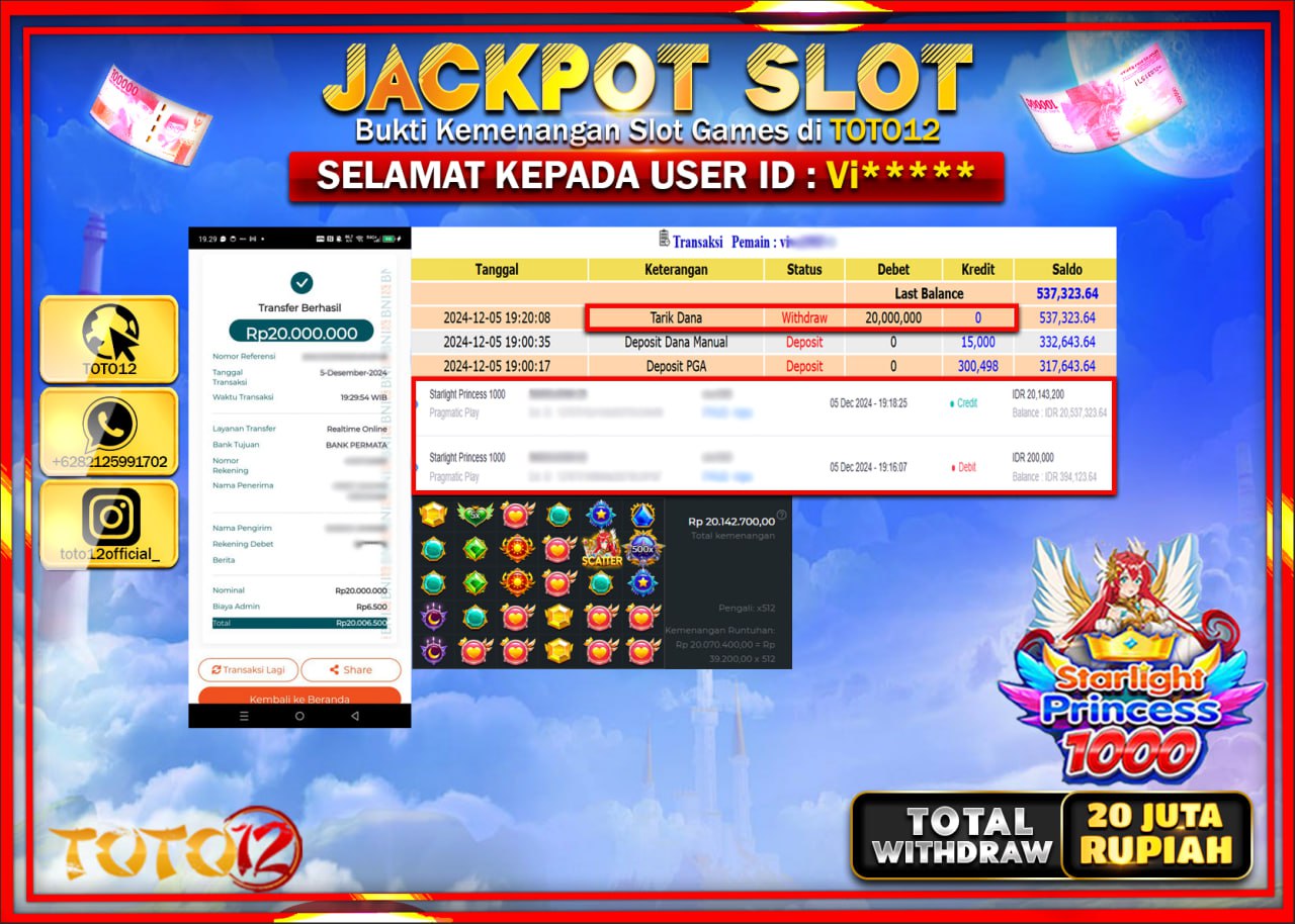 HANYA DI TOTO12 JP PASTI DI BAYAR LUNAS DAN CEPAT!!!!!! JACKPOT SLOT GAME (STARLIGHT PRINCESS 1000) Rp.20.000.000 !!!!