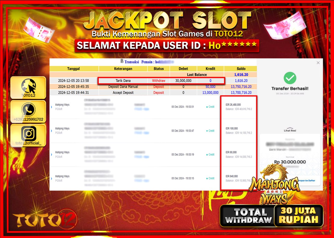 HANYA DI TOTO12 JP PASTI DI BAYAR LUNAS DAN CEPAT!!!!!! JACKPOT SLOT GAME (MAHJONG WAYS) Rp.30.000.000 !!!!