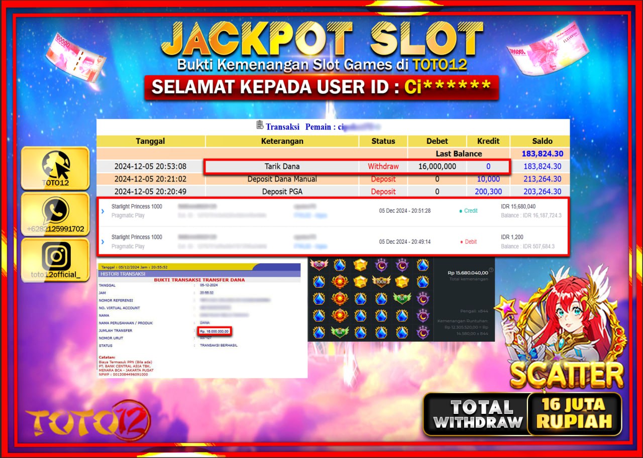 HANYA DI TOTO12 JP PASTI DI BAYAR LUNAS DAN CEPAT!!!!!! JACKPOT SLOT GAME (STARLIGHT PRINCESS 1000) Rp.16.000.000 !!!!