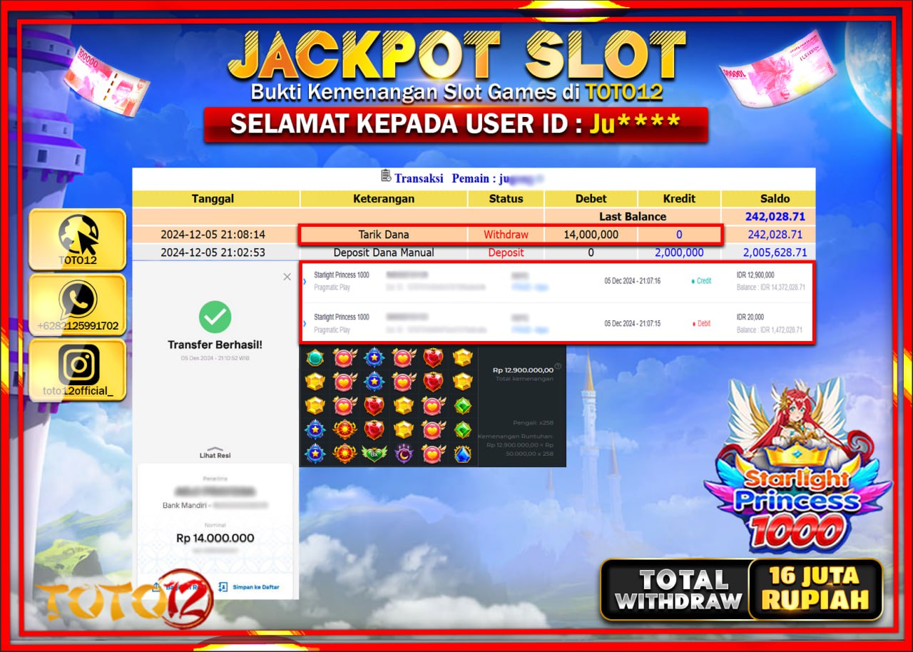 HANYA DI TOTO12 JP PASTI DI BAYAR LUNAS DAN CEPAT!!!!!! JACKPOT SLOT GAME (STARLIGHT PRINCESS 1000) Rp.16.000.000 !!!!