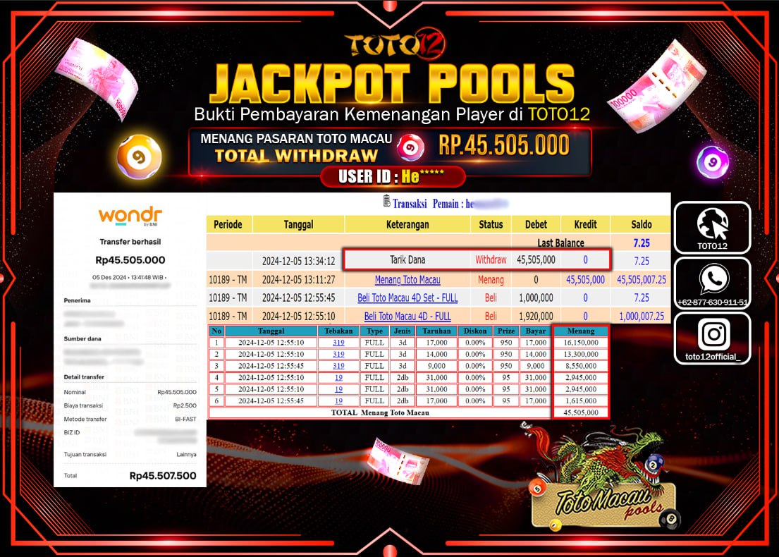 HANYA DI TOTO12 JP PASTI DI BAYAR LUNAS DAN CEPAT!!!!!! JACKPOT POOLS PASARAN (TOTO MACAU) Rp.45.505.000 !!!!