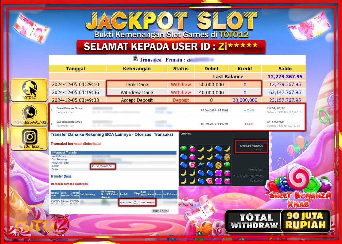 HANYA DI TOTO12 JP PASTI DI BAYAR LUNAS DAN CEPAT!!!!!! JACKPOT SLOT GAME (SWEET BONANZA XMAS) Rp.90.000.000 !!!!