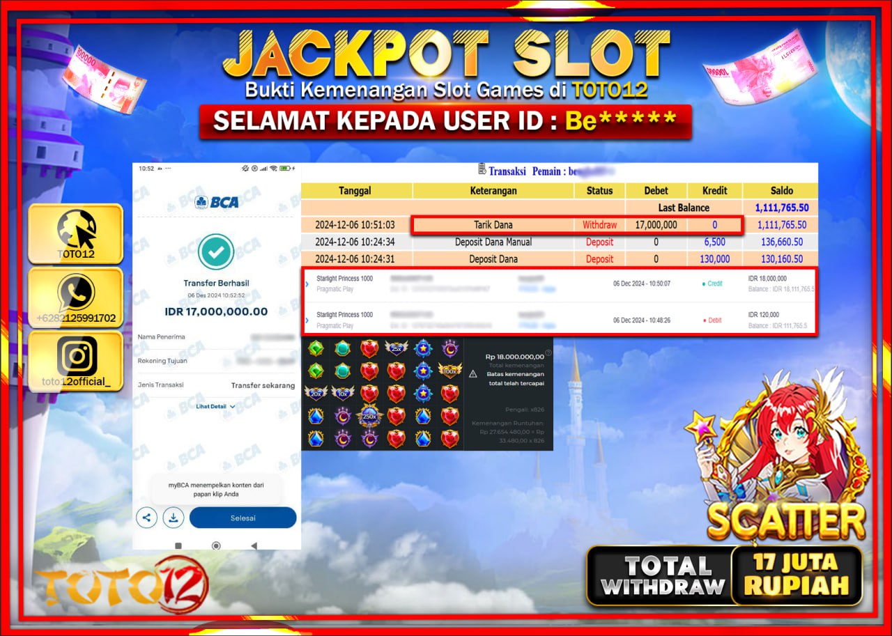 HANYA DI TOTO12 JP PASTI DI BAYAR LUNAS DAN CEPAT!!!!!! JACKPOT SLOT GAME (STARLIGHT PRINCESS 1000) Rp.17.000.000 !!!!