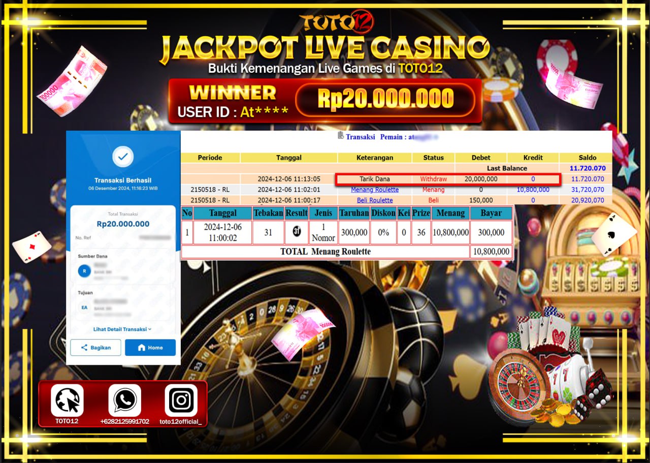 HANYA DI TOTO12 JP PASTI DI BAYAR LUNAS DAN CEPAT!!!!!! JACKPOT LIVE GAMES CASINO (ROULETTE) Rp.20.000.000 !!!!