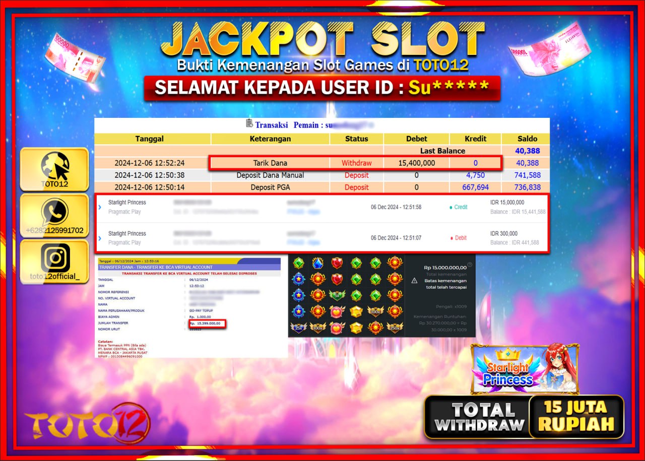 HANYA DI TOTO12 JP PASTI DI BAYAR LUNAS DAN CEPAT!!!!!! JACKPOT SLOT GAME (STARLIGHT PRINCESS) Rp.15.000.000 !!!!