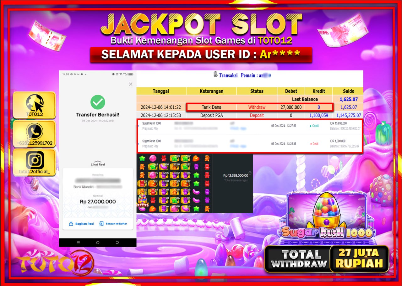 HANYA DI TOTO12 JP PASTI DI BAYAR LUNAS DAN CEPAT!!!!!! JACKPOT SLOT GAME (SUGAR RUSH 1000) Rp.27.000.000 !!!!