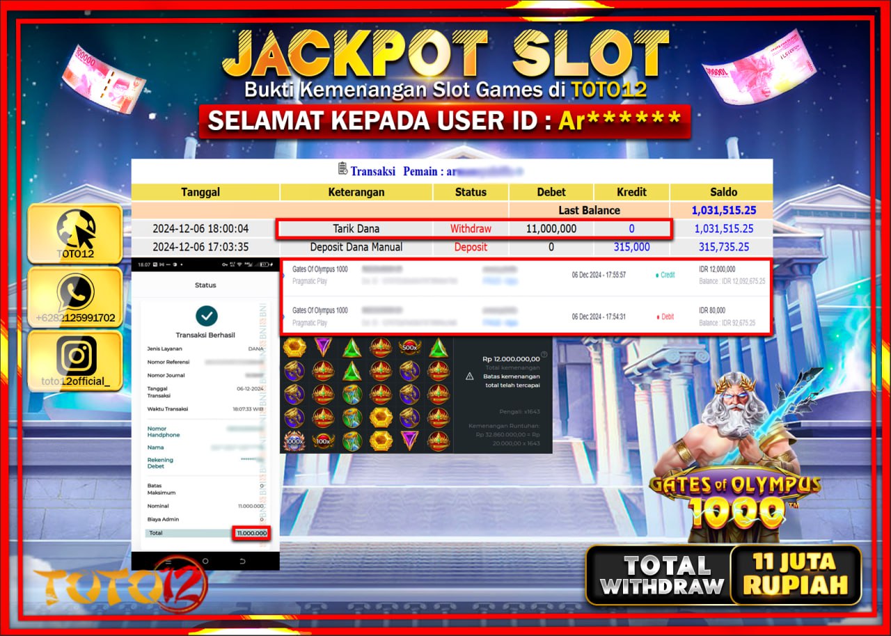 HANYA DI TOTO12 JP PASTI DI BAYAR LUNAS DAN CEPAT!!!!!! JACKPOT SLOT GAME (GATES OF OLYMPUS 1000) Rp.11.000.000 !!!!