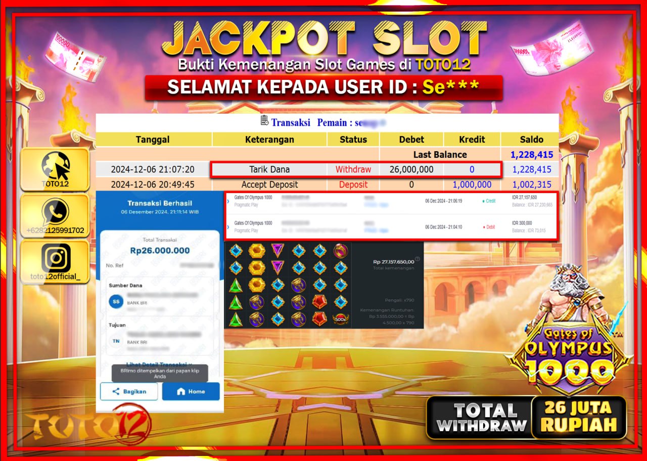HANYA DI TOTO12 JP PASTI DI BAYAR LUNAS DAN CEPAT!!!!!! JACKPOT SLOT GAME (GATES OF OLYMPUS 1000) Rp.26.000.000 !!!!
