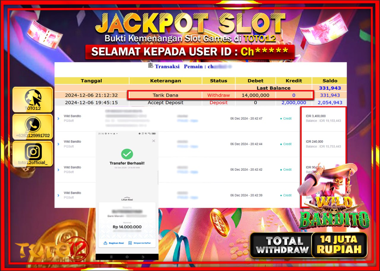 HANYA DI TOTO12 JP PASTI DI BAYAR LUNAS DAN CEPAT!!!!!! JACKPOT SLOT GAME (WILD BANDITO) Rp.14.000.000 !!!!