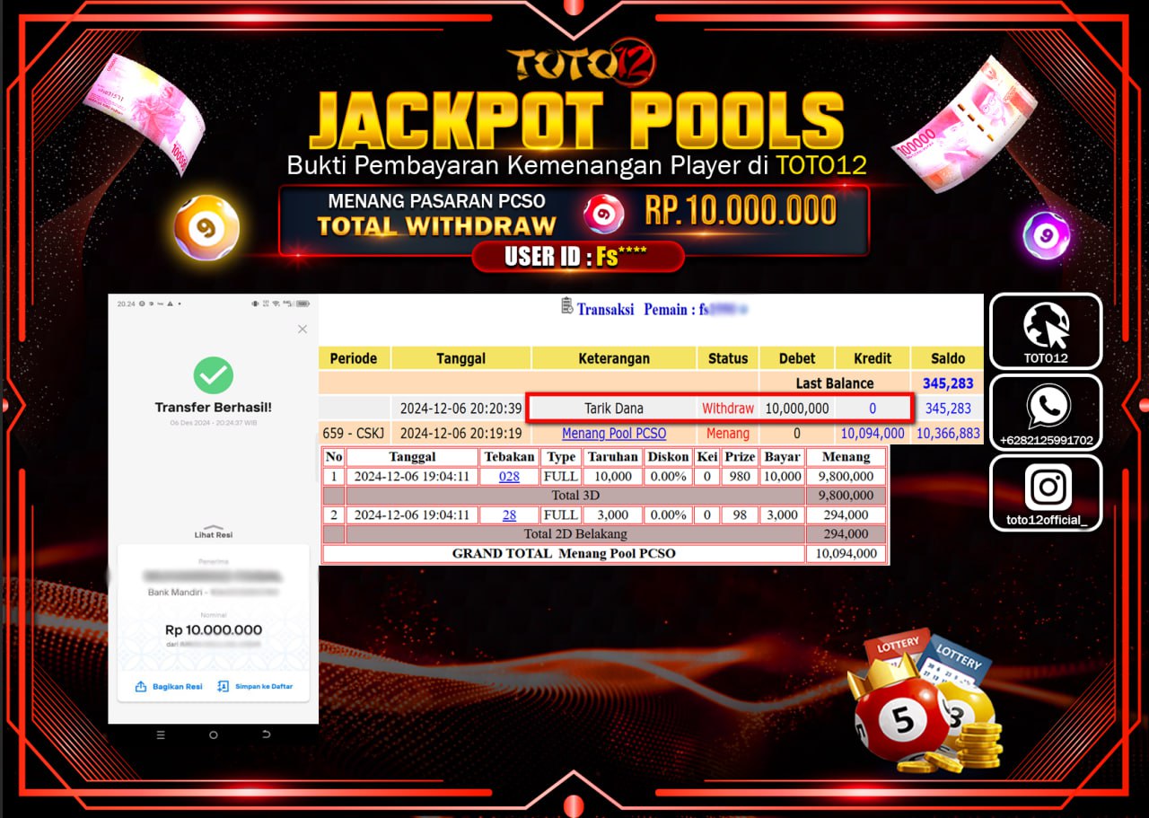 HANYA DI TOTO12 JP PASTI DI BAYAR LUNAS DAN CEPAT!!!!!! JACKPOT POOLS PASARAN (PCSO) Rp.10.000.000 !!!!