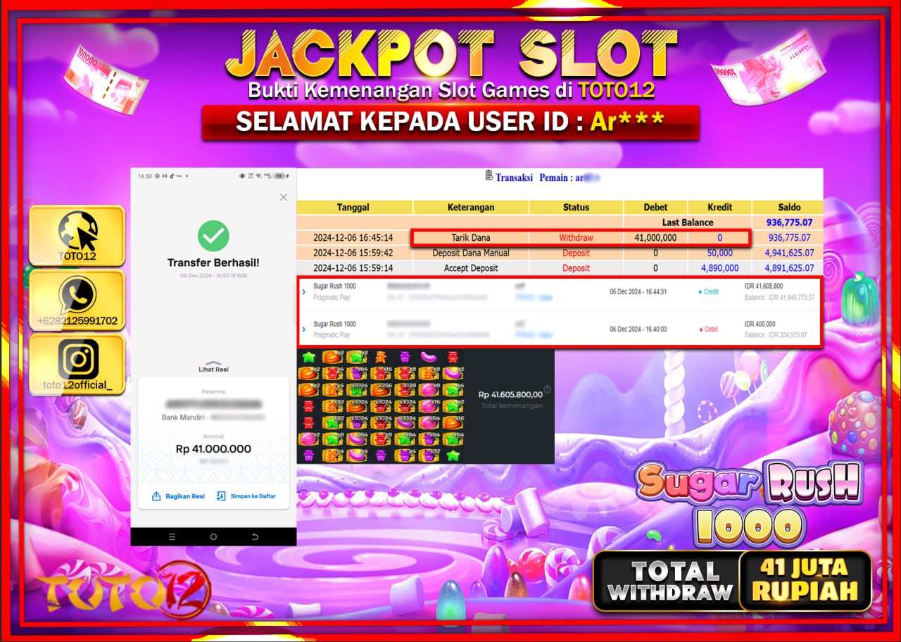 HANYA DI TOTO12 JP PASTI DI BAYAR LUNAS DAN CEPAT!!!!!! JACKPOT SLOT GAME (SUGAR RUSH 1000) Rp.41.000.000 !!!!
