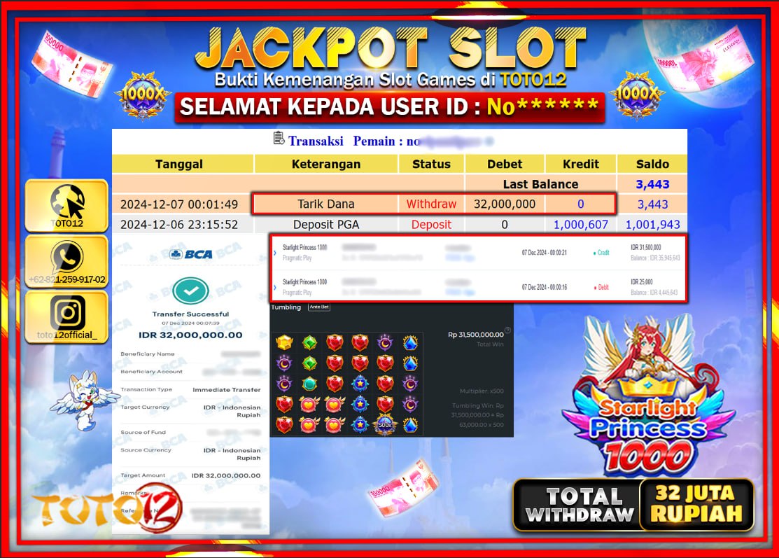 HANYA DI TOTO12 JP PASTI DI BAYAR LUNAS DAN CEPAT!!!!!! JACKPOT SLOT GAME (STARLIGHT PRINCESS 1000) Rp.32.000.000 !!!!
