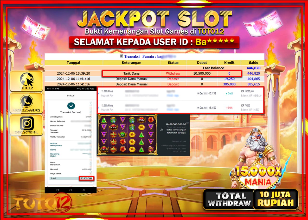 HANYA DI TOTO12 JP PASTI DI BAYAR LUNAS DAN CEPAT!!!!!! JACKPOT SLOT GAME (15.000X MANIA) Rp.10.000.000 !!!!