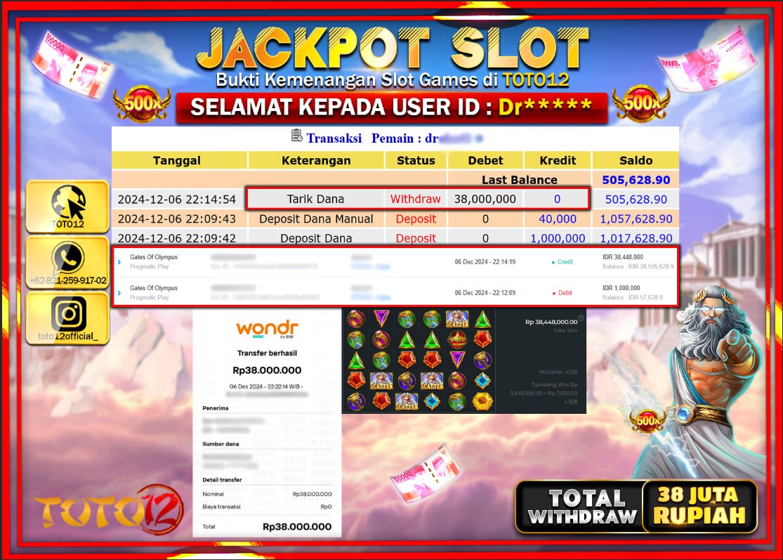HANYA DI TOTO12 JP PASTI DI BAYAR LUNAS DAN CEPAT!!!!!! JACKPOT SLOT GAME (GATES OF OLYMPUS) Rp.38.000.000 !!!!
