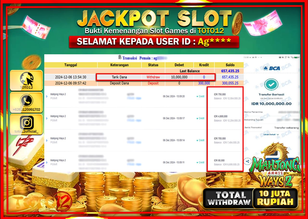 HANYA DI TOTO12 JP PASTI DI BAYAR LUNAS DAN CEPAT!!!!!! JACKPOT SLOT GAME (MAHJONG WAYS 2) Rp.10.000.000 !!!!