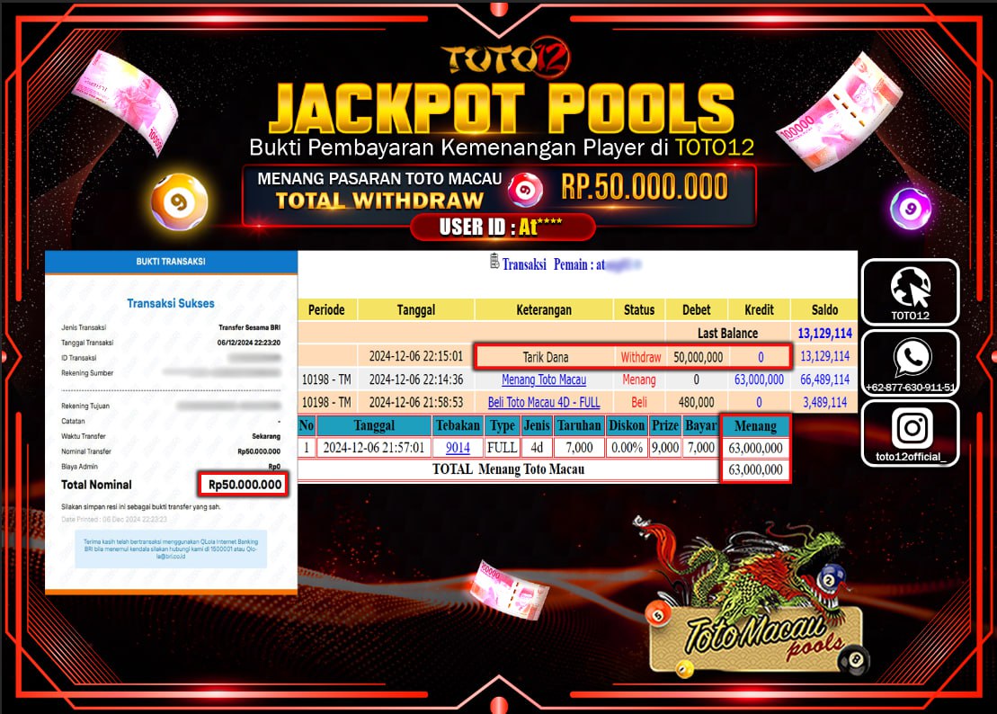 HANYA DI TOTO12 JP PASTI DI BAYAR LUNAS DAN CEPAT!!!!!! JACKPOT POOLS PASARAN (TOTO MACAU) Rp.50.000.000 !!!!