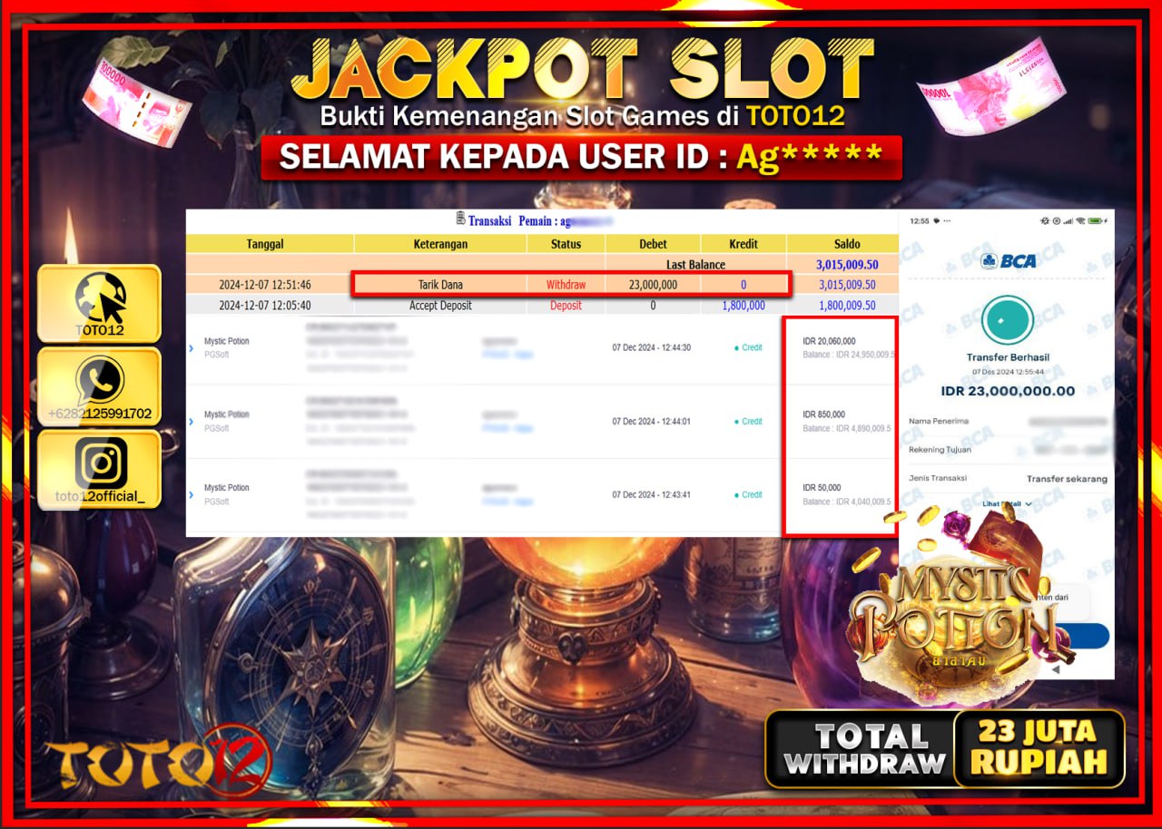 HANYA DI TOTO12 JP PASTI DI BAYAR LUNAS DAN CEPAT!!!!!! JACKPOT SLOT GAME (MYSTIC POTION) Rp.23.000.000 !!!!