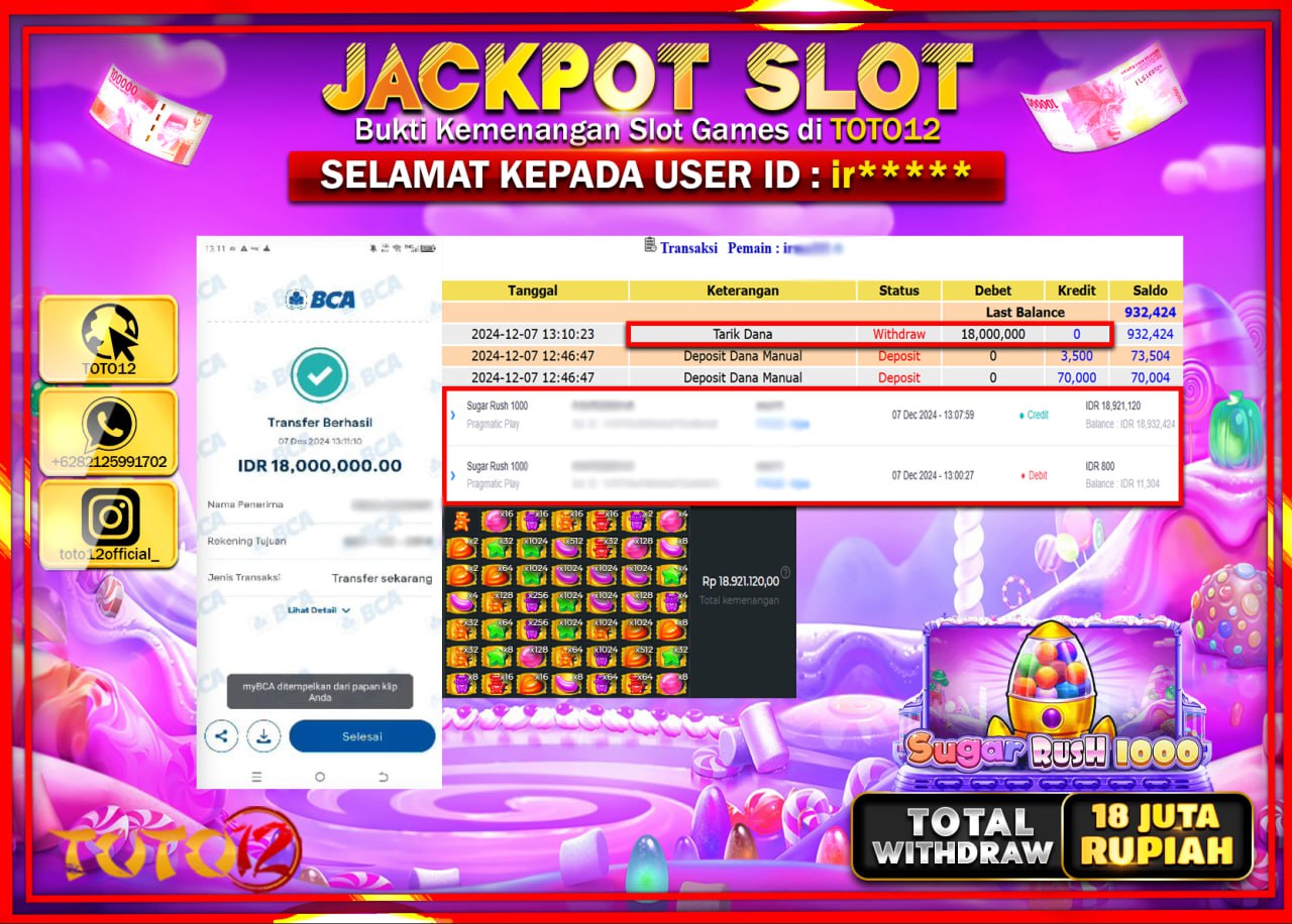 HANYA DI TOTO12 JP PASTI DI BAYAR LUNAS DAN CEPAT!!!!!! JACKPOT SLOT GAME (SUGAR RUSH 1000) Rp.18.000.000 !!!!