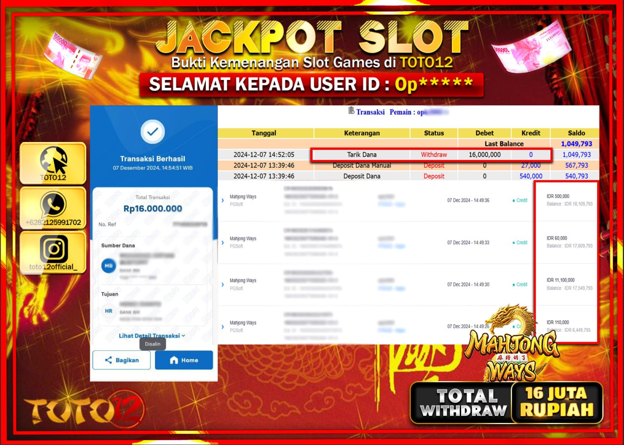 HANYA DI TOTO12 JP PASTI DI BAYAR LUNAS DAN CEPAT!!!!!! JACKPOT SLOT GAME (MAHJONG WAYS) Rp.16.000.000 !!!!