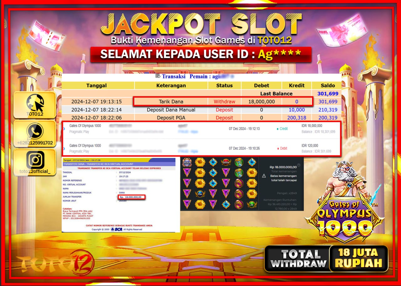HANYA DI TOTO12 JP PASTI DI BAYAR LUNAS DAN CEPAT!!!!!! JACKPOT SLOT GAME (GATES OF OLYMPUS 1000) Rp.18.000.000 !!!!
