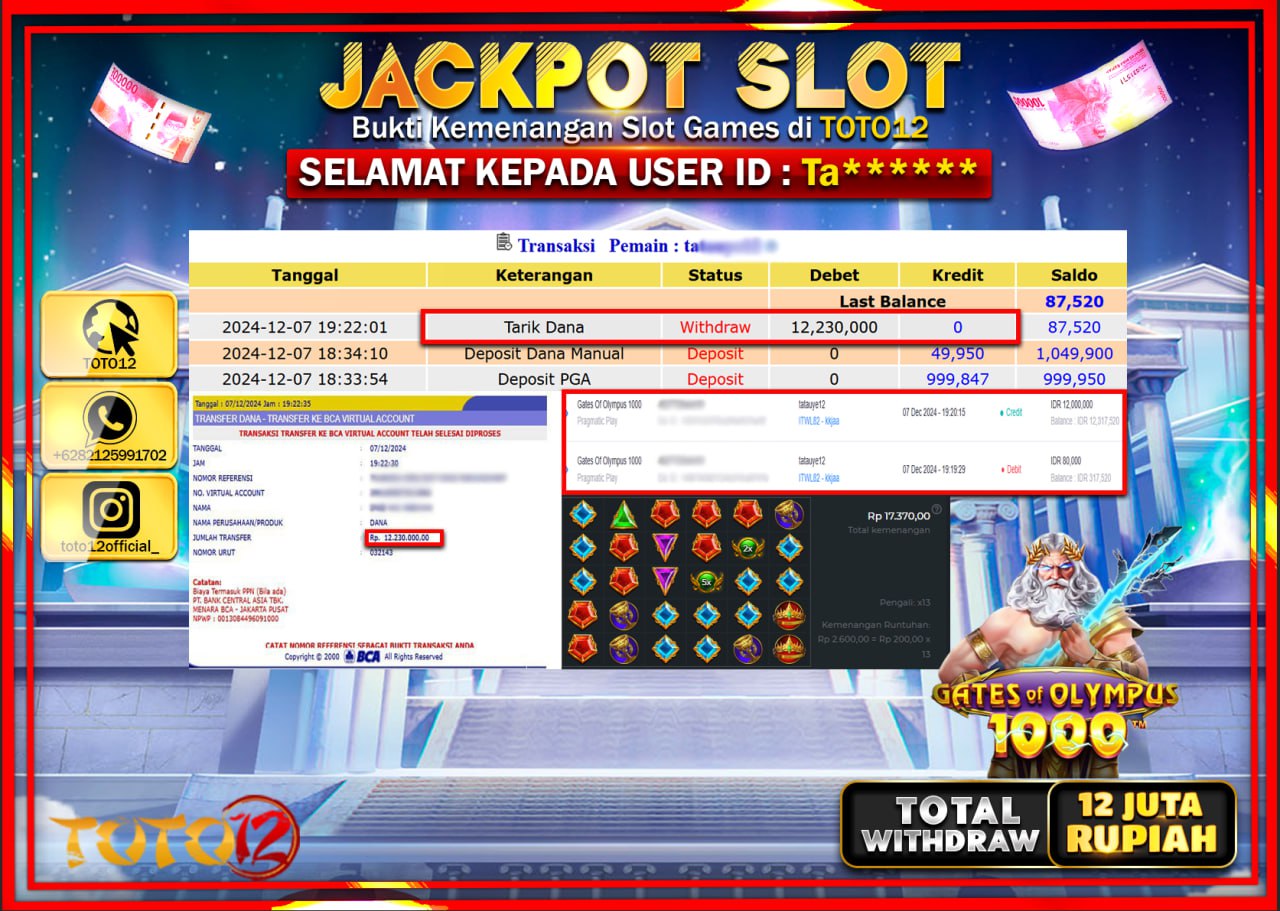 HANYA DI TOTO12 JP PASTI DI BAYAR LUNAS DAN CEPAT!!!!!! JACKPOT SLOT GAME (GATES OF OLYMPUS 1000) Rp.12.000.000 !!!!