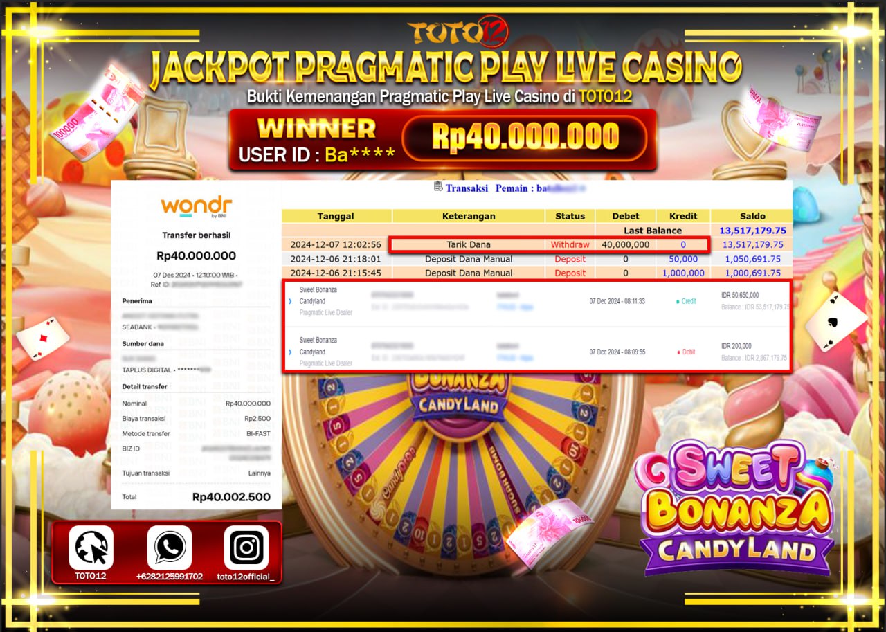 HANYA DI TOTO12 JP PASTI DI BAYAR LUNAS DAN CEPAT!!!!!! JACKPOT PRAGMATIC PLAY LIVE CASINO (SWEET BONANZA CANDY LAND) Rp.40.000.000 !!!!