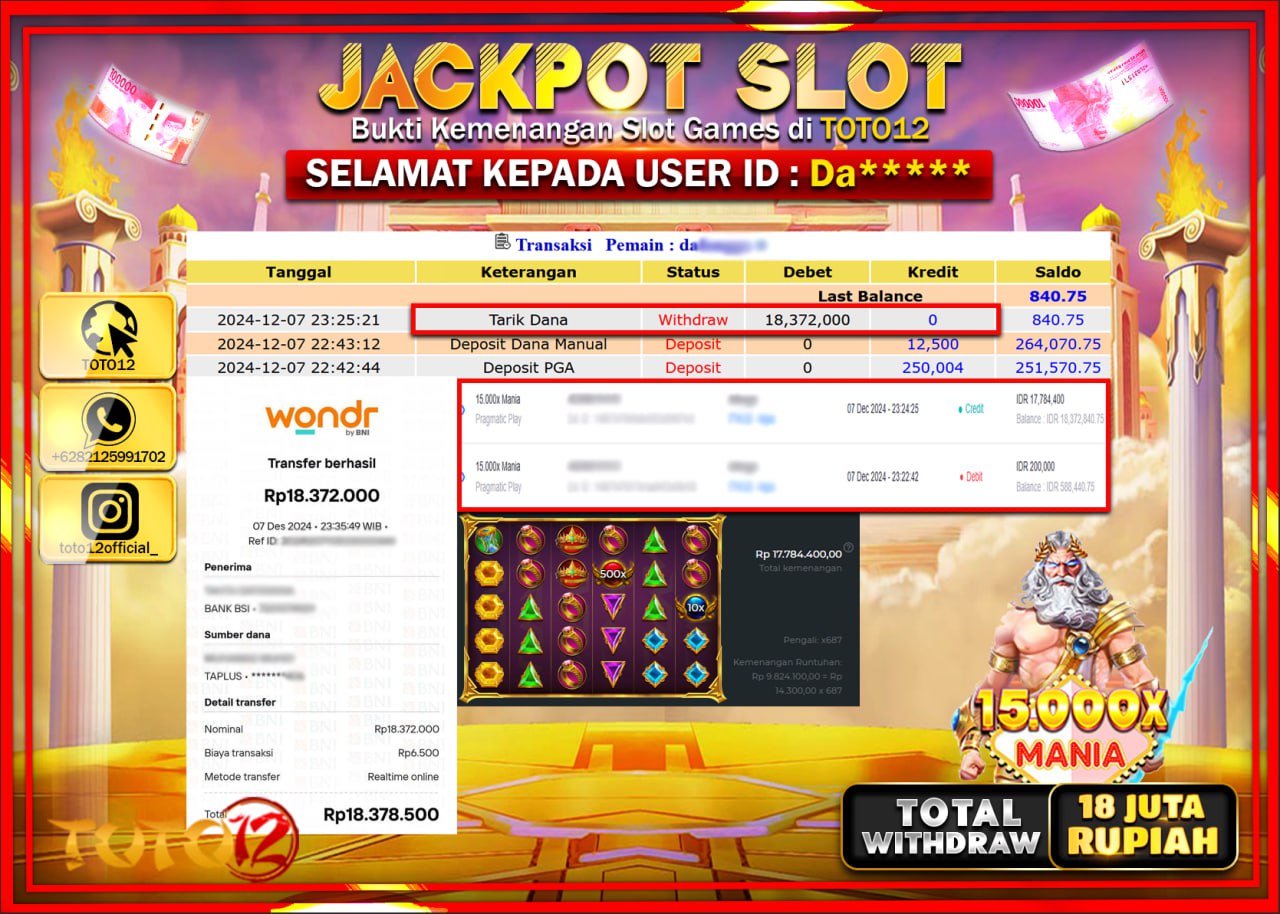 HANYA DI TOTO12 JP PASTI DI BAYAR LUNAS DAN CEPAT!!!!!! JACKPOT SLOT GAME (15.000X MANIA) Rp.18.000.000 !!!!