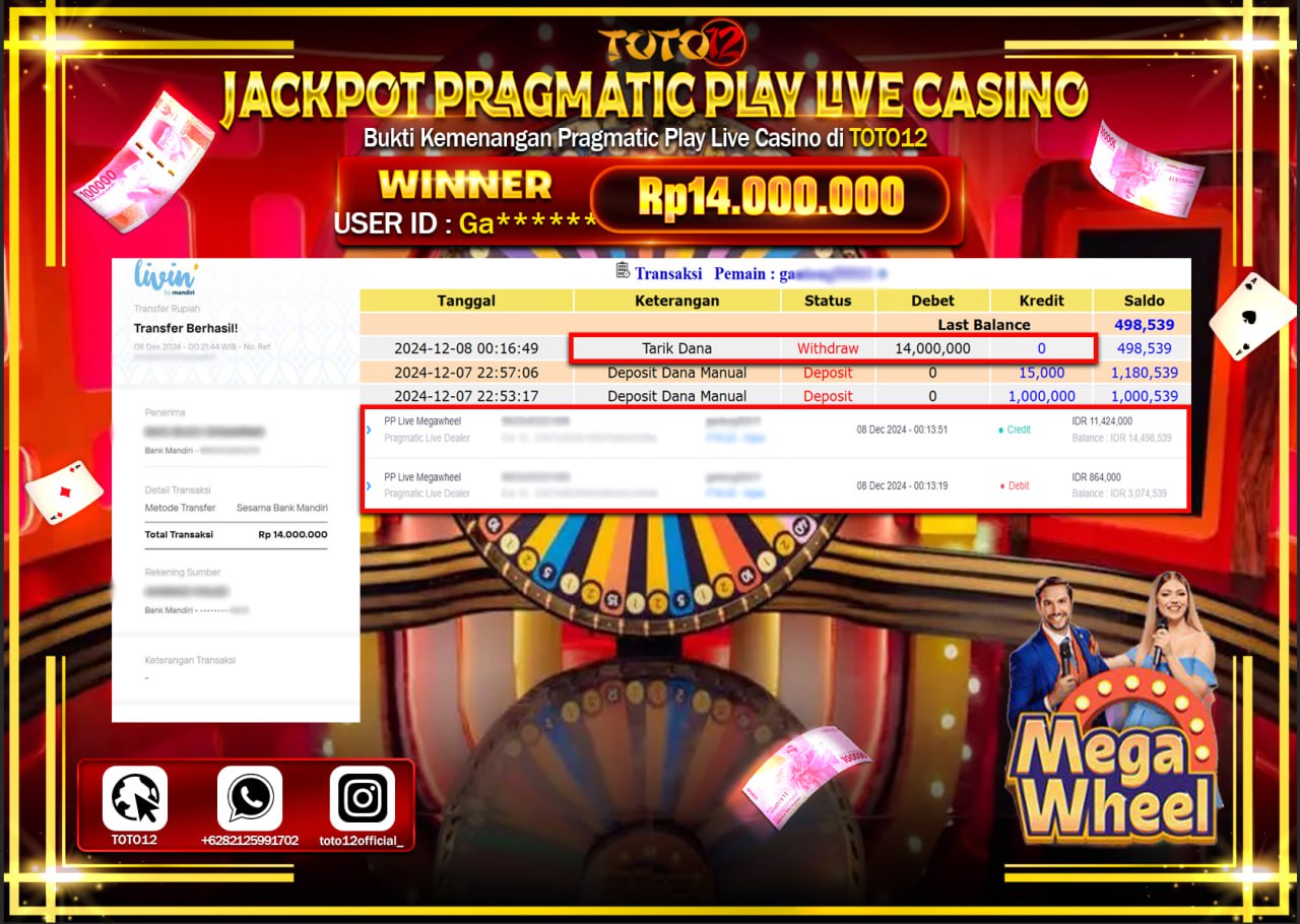 HANYA DI TOTO12 JP PASTI DI BAYAR LUNAS DAN CEPAT!!!!!! JACKPOT PRAGMATIC PLAY LIVE CASINO (MEGA WHEEL) Rp.14.000.000 !!!!
