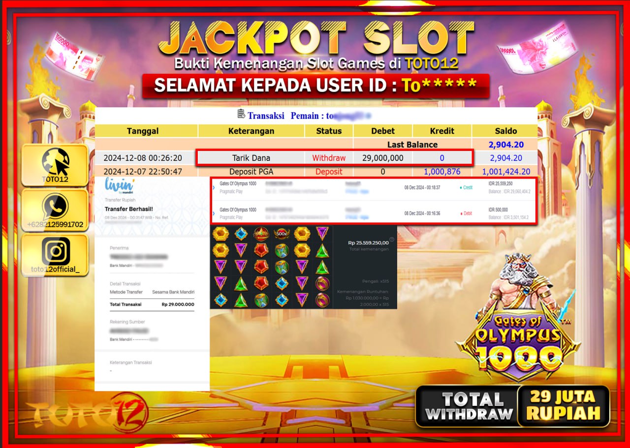 HANYA DI TOTO12 JP PASTI DI BAYAR LUNAS DAN CEPAT!!!!!! JACKPOT SLOT GAME (GATES OF OLYMPUS 1000) Rp.29.000.000 !!!!