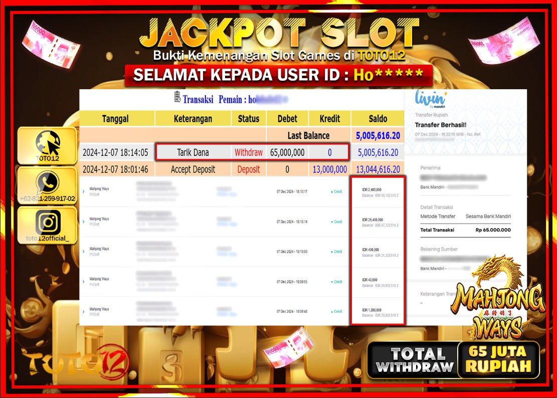 HANYA DI TOTO12 JP PASTI DI BAYAR LUNAS DAN CEPAT!!!!!! JACKPOT SLOT GAME (MAHJONG WAYS) Rp.65.000.000 !!!!
