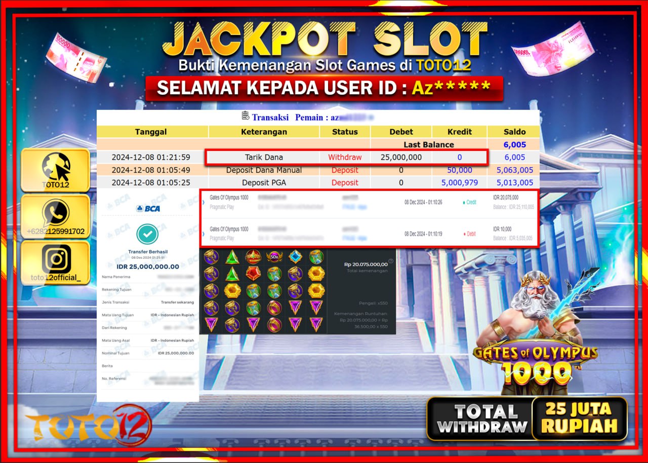HANYA DI TOTO12 JP PASTI DI BAYAR LUNAS DAN CEPAT!!!!!! JACKPOT SLOT GAME (GATES OF OLYMPUS 1000) Rp.25.000.000 !!!!