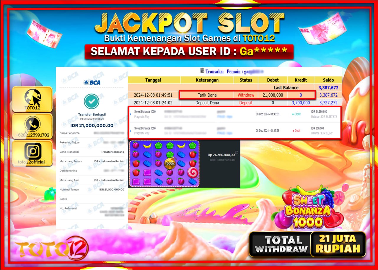 HANYA DI TOTO12 JP PASTI DI BAYAR LUNAS DAN CEPAT!!!!!! JACKPOT SLOT GAME (SWEET BONANZA 1000) Rp.21.000.000 !!!!