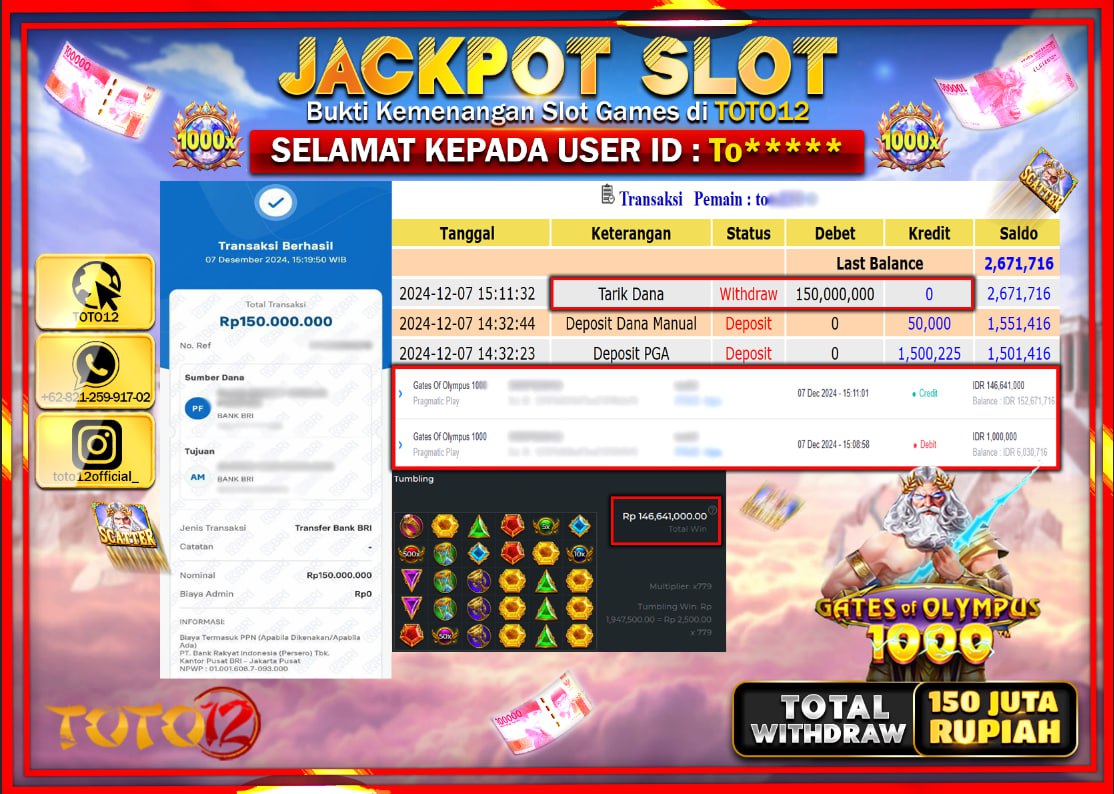 HANYA DI TOTO12 JP PASTI DI BAYAR LUNAS DAN CEPAT!!!!!! JACKPOT SLOT GAME (GATES OF OLYMPUS 1000) Rp.150.000.000 !!!!