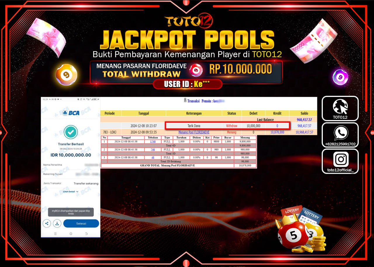 HANYA DI TOTO12 JP PASTI DI BAYAR LUNAS DAN CEPAT!!!!!! JACKPOT POOLS PASARAN (FLORIDAEVE) Rp.10.000.000 !!!!