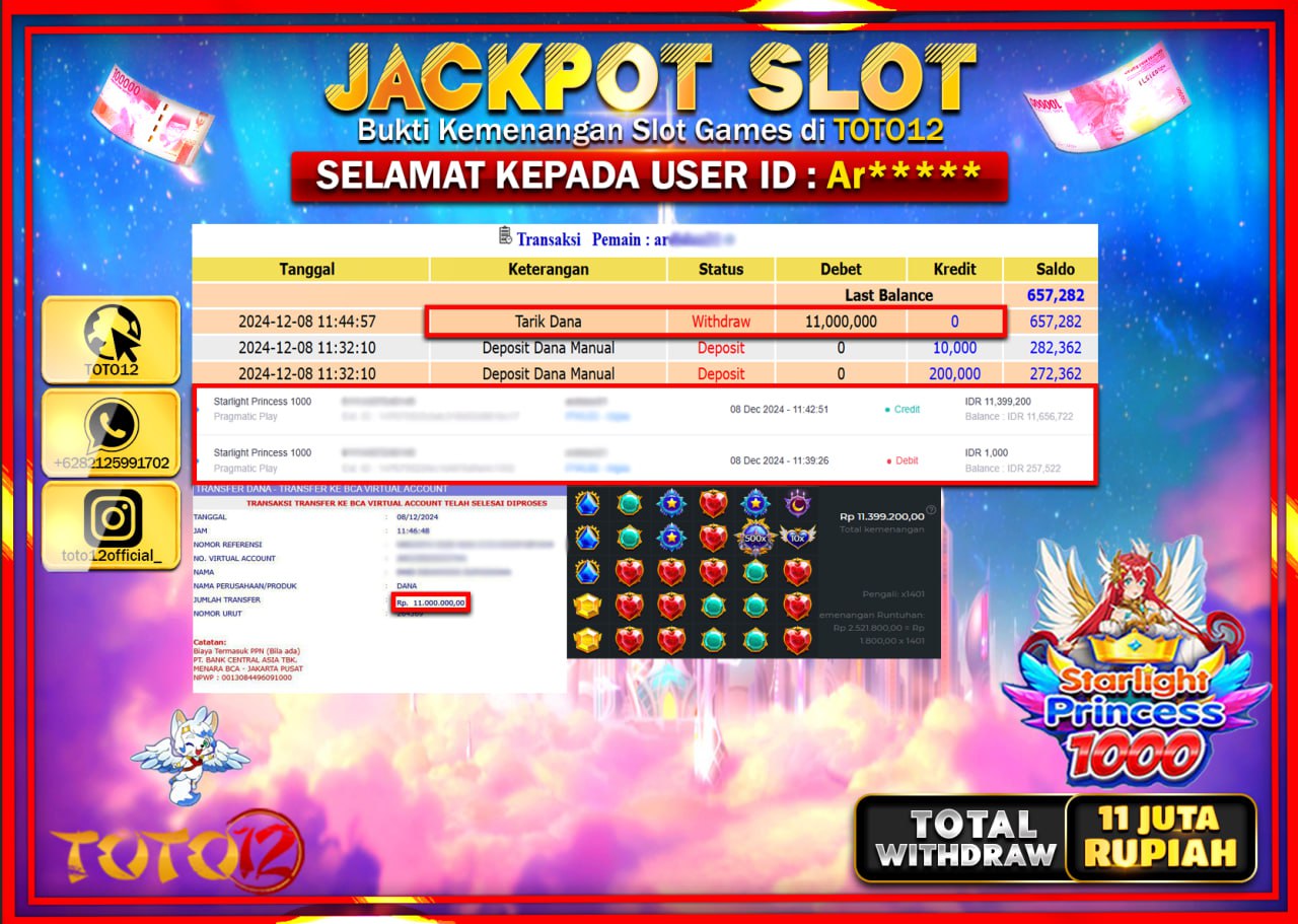 HANYA DI TOTO12 JP PASTI DI BAYAR LUNAS DAN CEPAT!!!!!! JACKPOT SLOT GAME (STARLIGHT PRINCESS 1000) Rp.11.000.000 !!!!