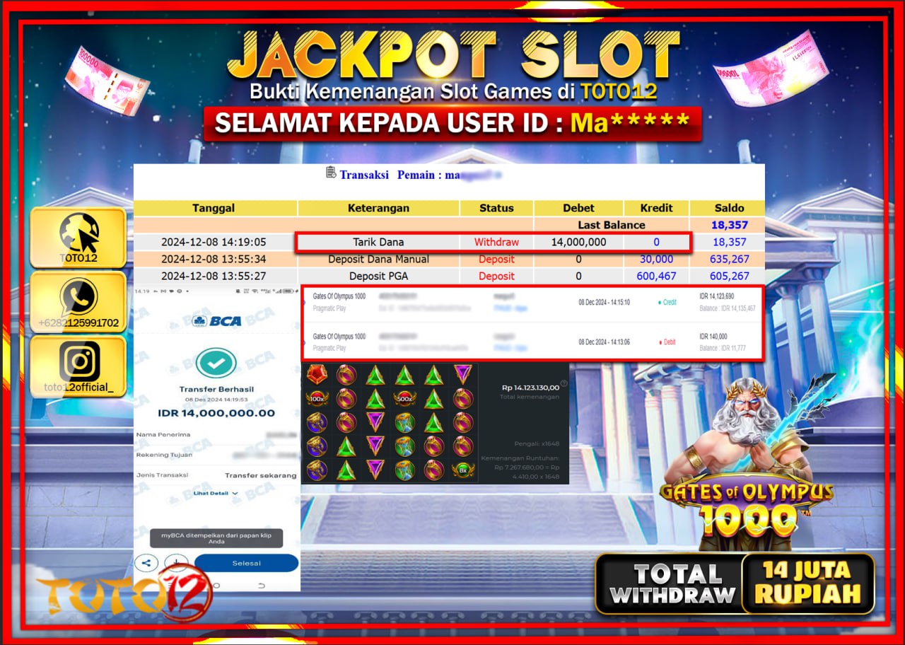 HANYA DI TOTO12 JP PASTI DI BAYAR LUNAS DAN CEPAT!!!!!! JACKPOT SLOT GAME (GATES OF OLYMPUS 1000) Rp.14.000.000 !!!!