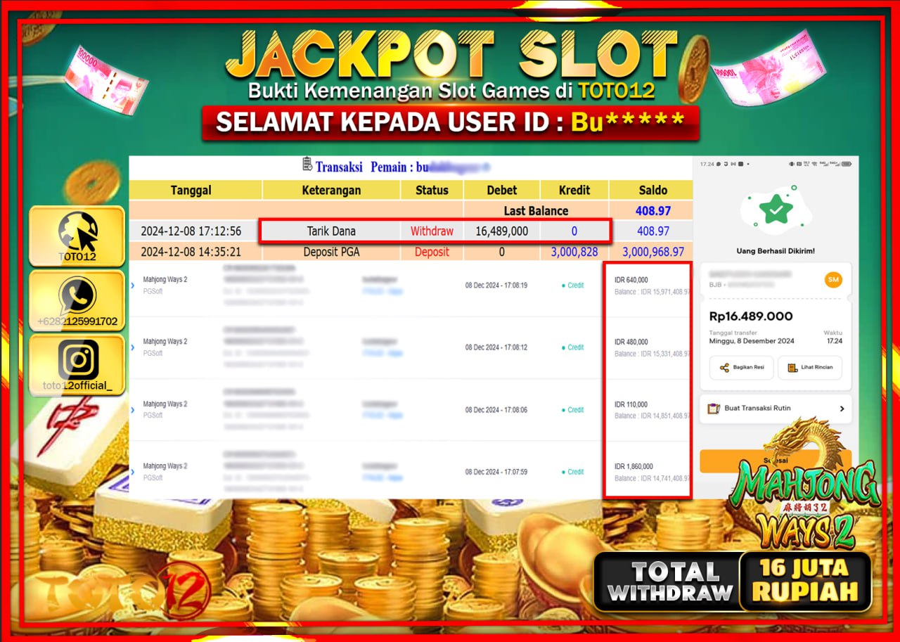 HANYA DI TOTO12 JP PASTI DI BAYAR LUNAS DAN CEPAT!!!!!! JACKPOT SLOT GAME (MAHJONG WAYS 2) Rp.16.000.000 !!!!