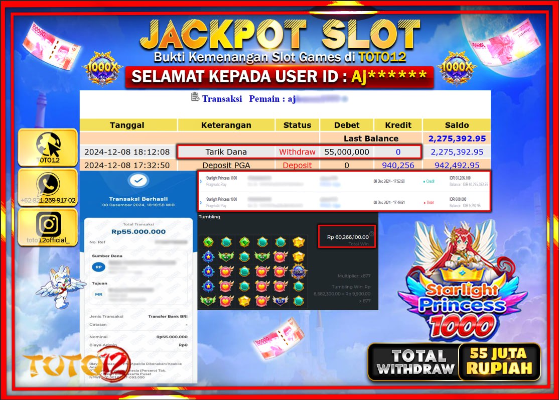 HANYA DI TOTO12 JP PASTI DI BAYAR LUNAS DAN CEPAT!!!!!! JACKPOT SLOT GAME (STARLIGHT PRINCESS 1000) Rp.55.000.000 !!!!
