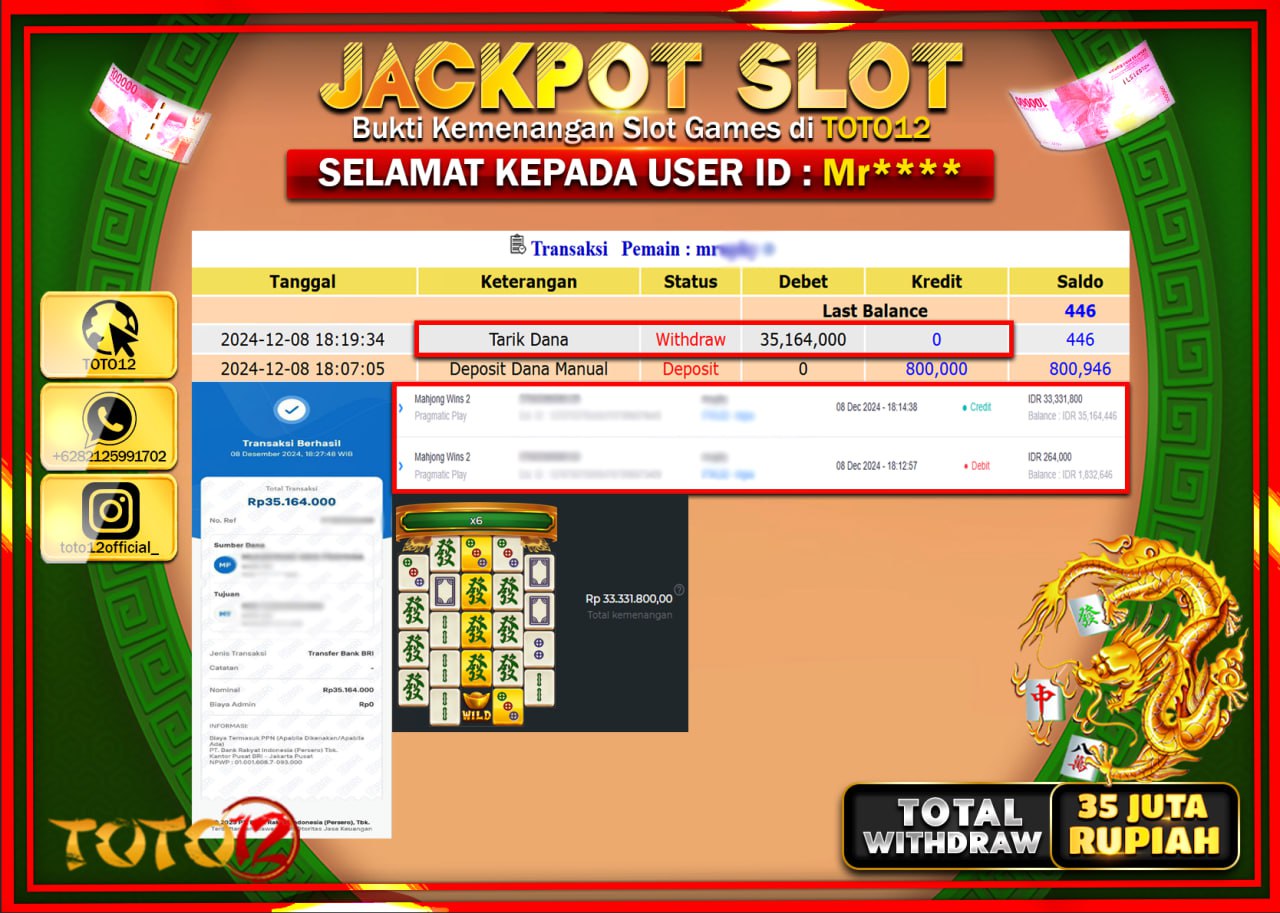 HANYA DI TOTO12 JP PASTI DI BAYAR LUNAS DAN CEPAT!!!!!! JACKPOT SLOT GAME (MAHJONG WINS 2) Rp.35.000.000 !!!!
