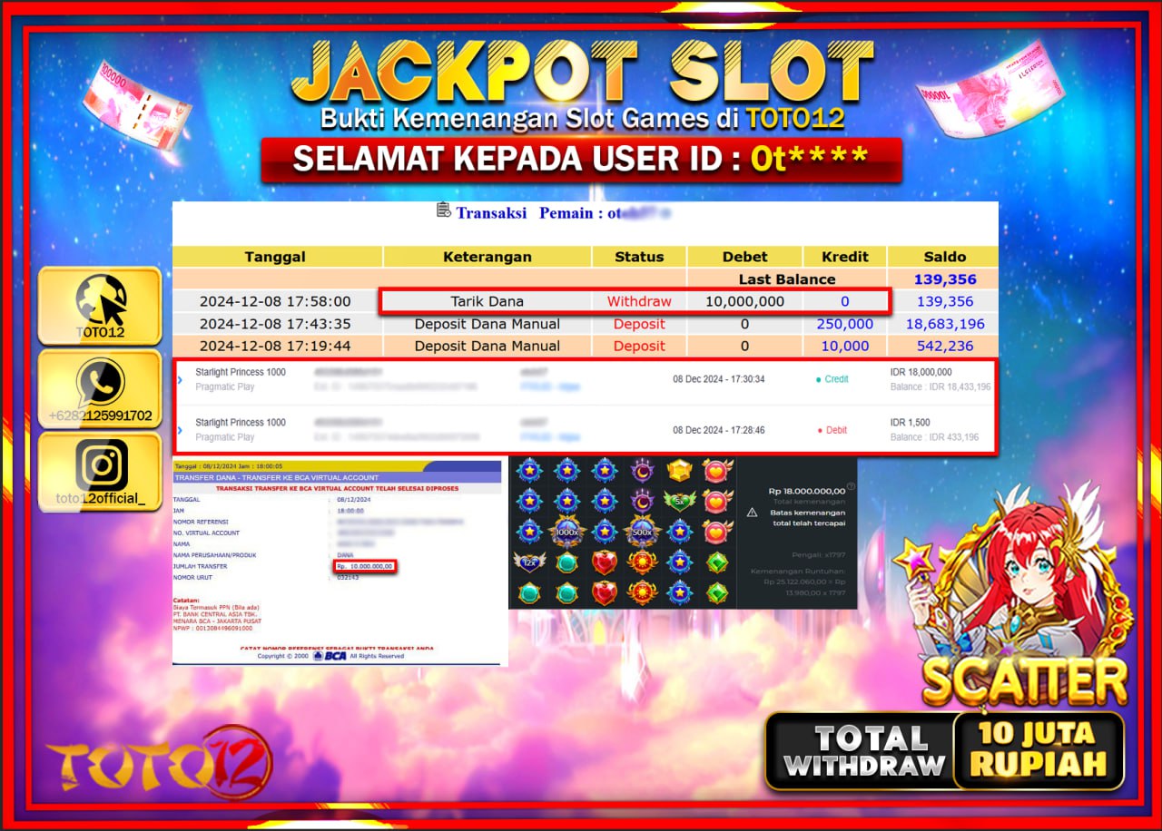 HANYA DI TOTO12 JP PASTI DI BAYAR LUNAS DAN CEPAT!!!!!! JACKPOT SLOT GAME (STARLIGHT PRINCESS 1000) Rp.10.000.000 !!!!