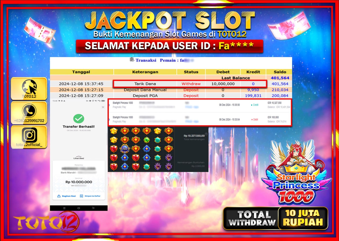 HANYA DI TOTO12 JP PASTI DI BAYAR LUNAS DAN CEPAT!!!!!! JACKPOT SLOT GAME (STARLIGHT PRINCESS 1000) Rp.10.000.000 !!!!