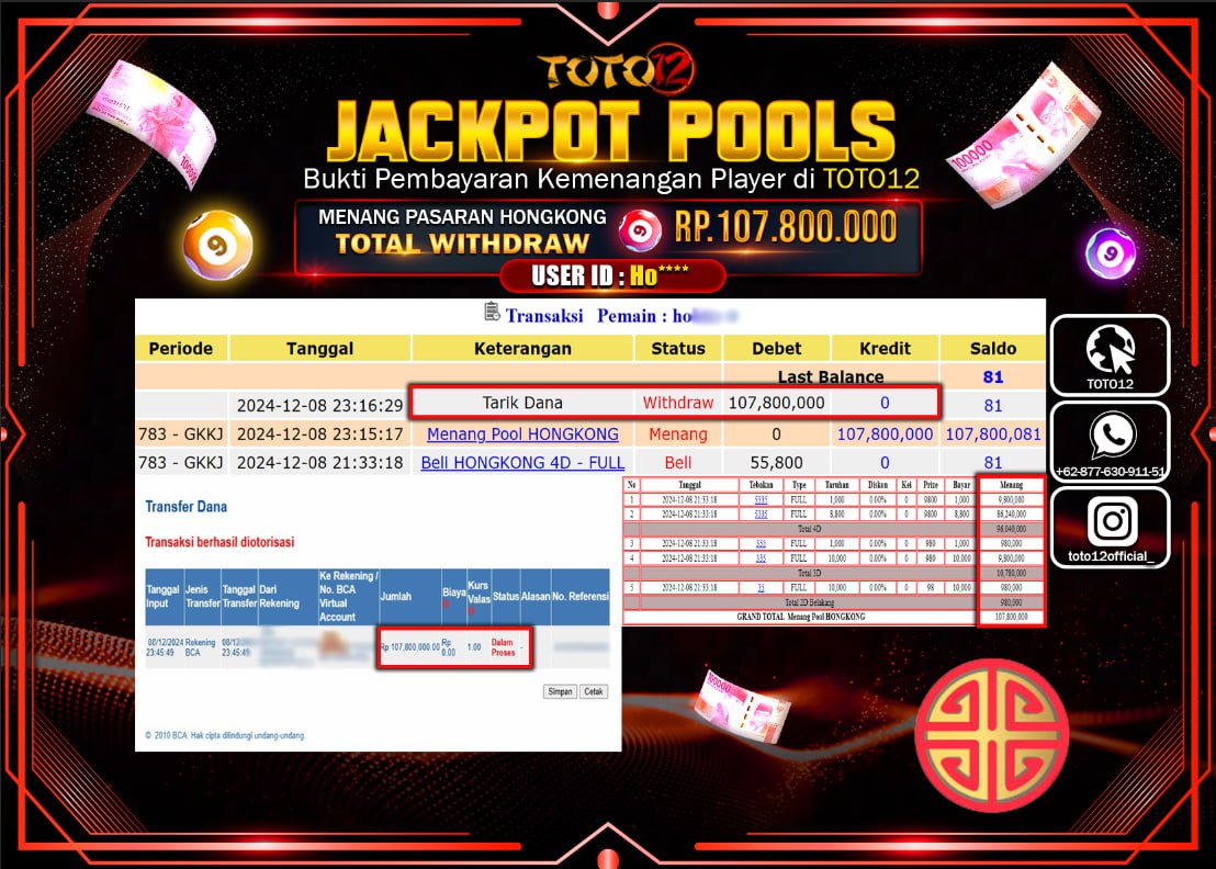 HANYA DI TOTO12 JP PASTI DI BAYAR LUNAS DAN CEPAT!!!!!! JACKPOT POOLS PASARAN (HONGKONG) Rp.107.800.000 !!!!