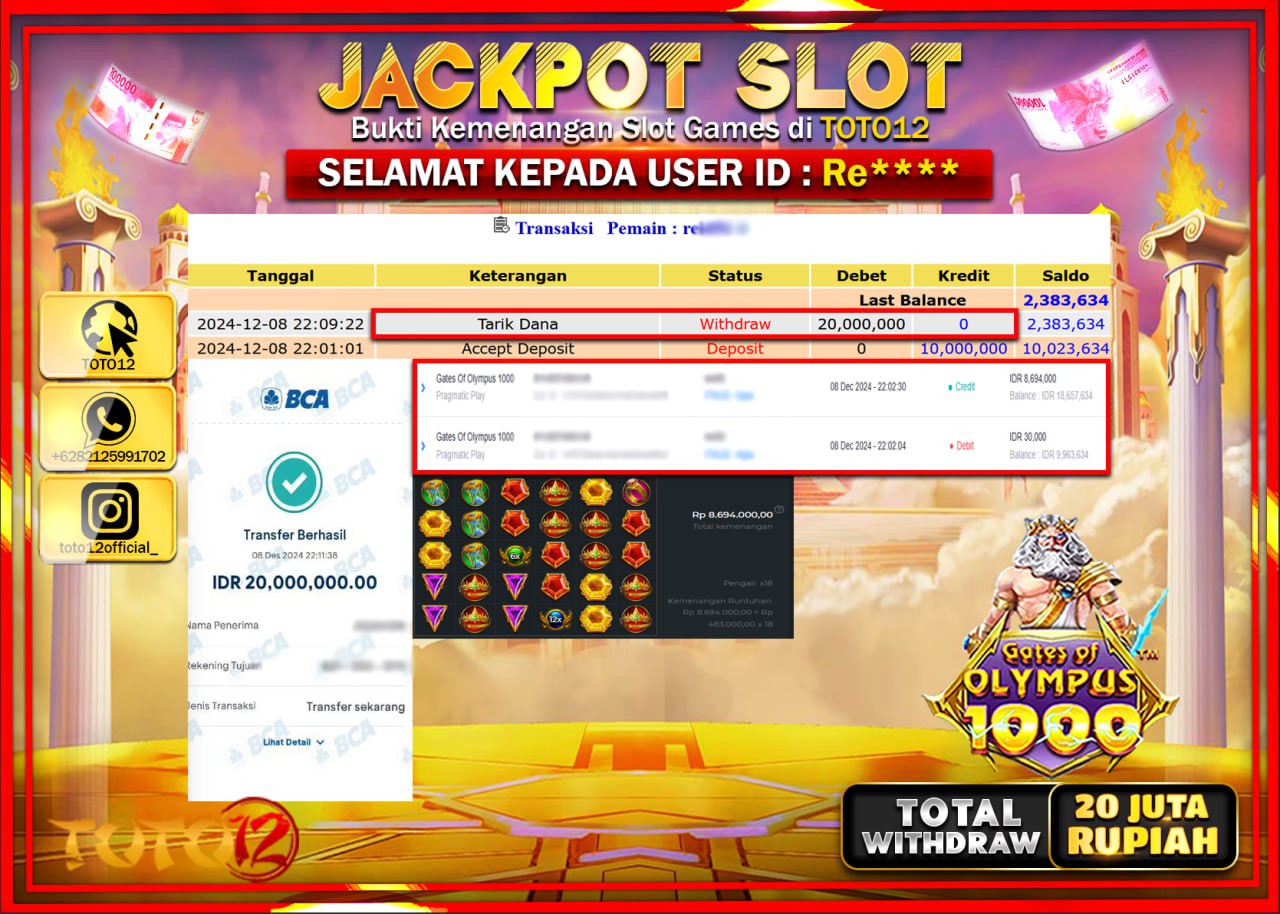 HANYA DI TOTO12 JP PASTI DI BAYAR LUNAS DAN CEPAT!!!!!! JACKPOT SLOT GAME (GATES OF OLYMPUS 1000) Rp.20.000.000 !!!!