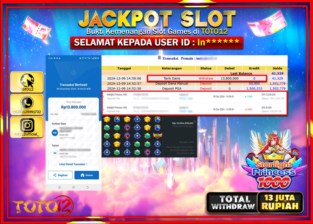 HANYA DI TOTO12 JP PASTI DI BAYAR LUNAS DAN CEPAT!!!!!! JACKPOT SLOT GAME (STARLIGHT PRINCESS 1000) Rp.13.000.000 !!!!