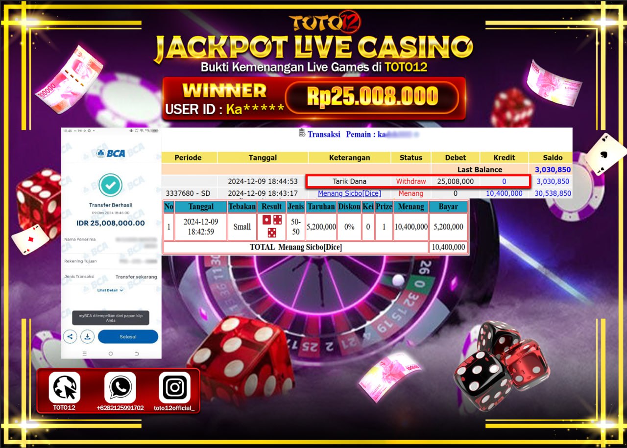 HANYA DI TOTO12 JP PASTI DI BAYAR LUNAS DAN CEPAT!!!!!! JACKPOT LIVE GAMES CASINO (SICBO DICE) Rp.25.008.000 !!!!