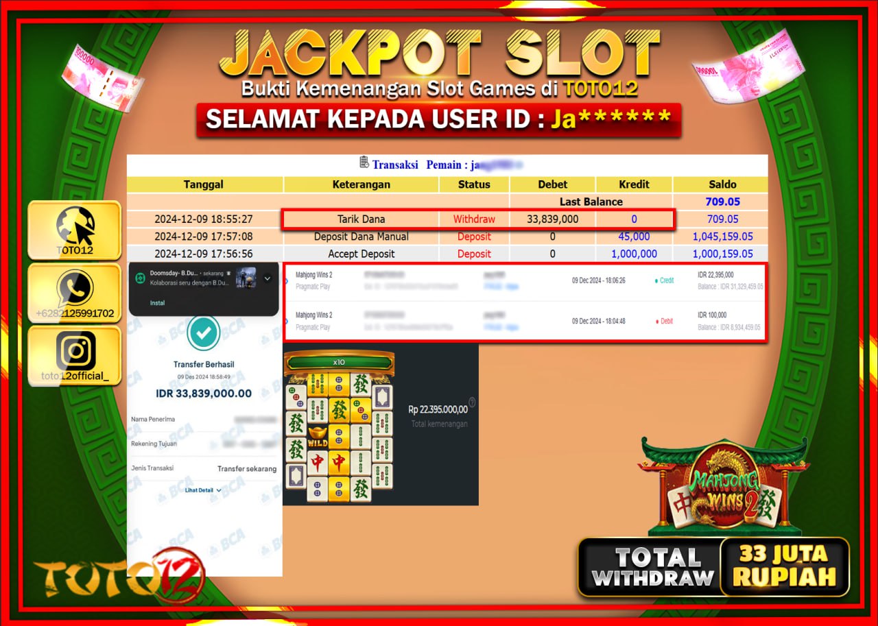 HANYA DI TOTO12 JP PASTI DI BAYAR LUNAS DAN CEPAT!!!!!! JACKPOT SLOT GAME (MAHJONG WINS 2) Rp.33.000.000 !!!!