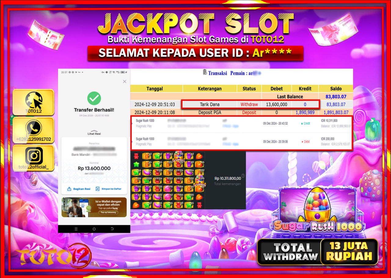 HANYA DI TOTO12 JP PASTI DI BAYAR LUNAS DAN CEPAT!!!!!! JACKPOT SLOT GAME (SUGAR RUSH 1000) Rp.13.000.000 !!!!