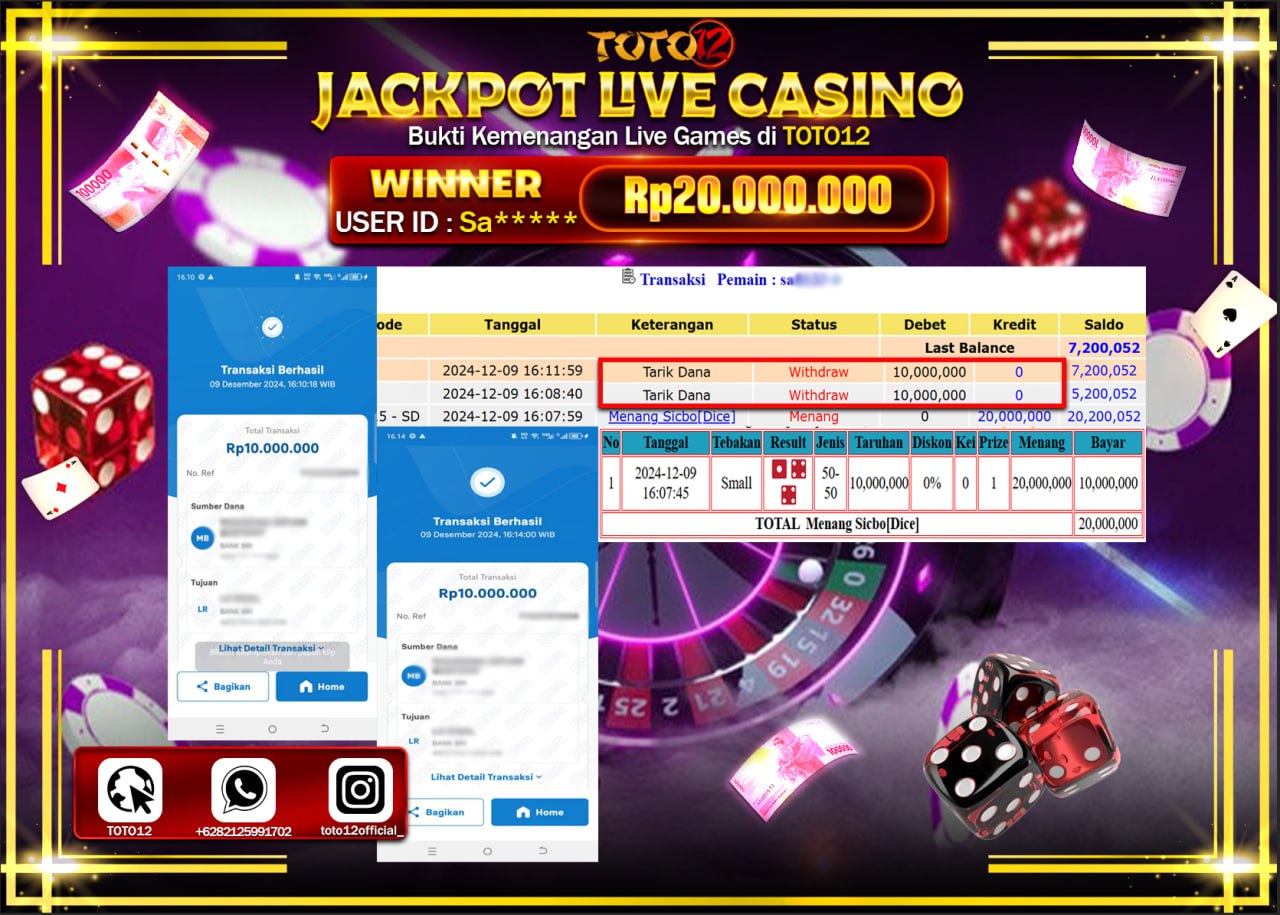 HANYA DI TOTO12 JP PASTI DI BAYAR LUNAS DAN CEPAT!!!!!! JACKPOT LIVE GAMES CASINO (SICBO DICE) Rp.20.000.000 !!!!