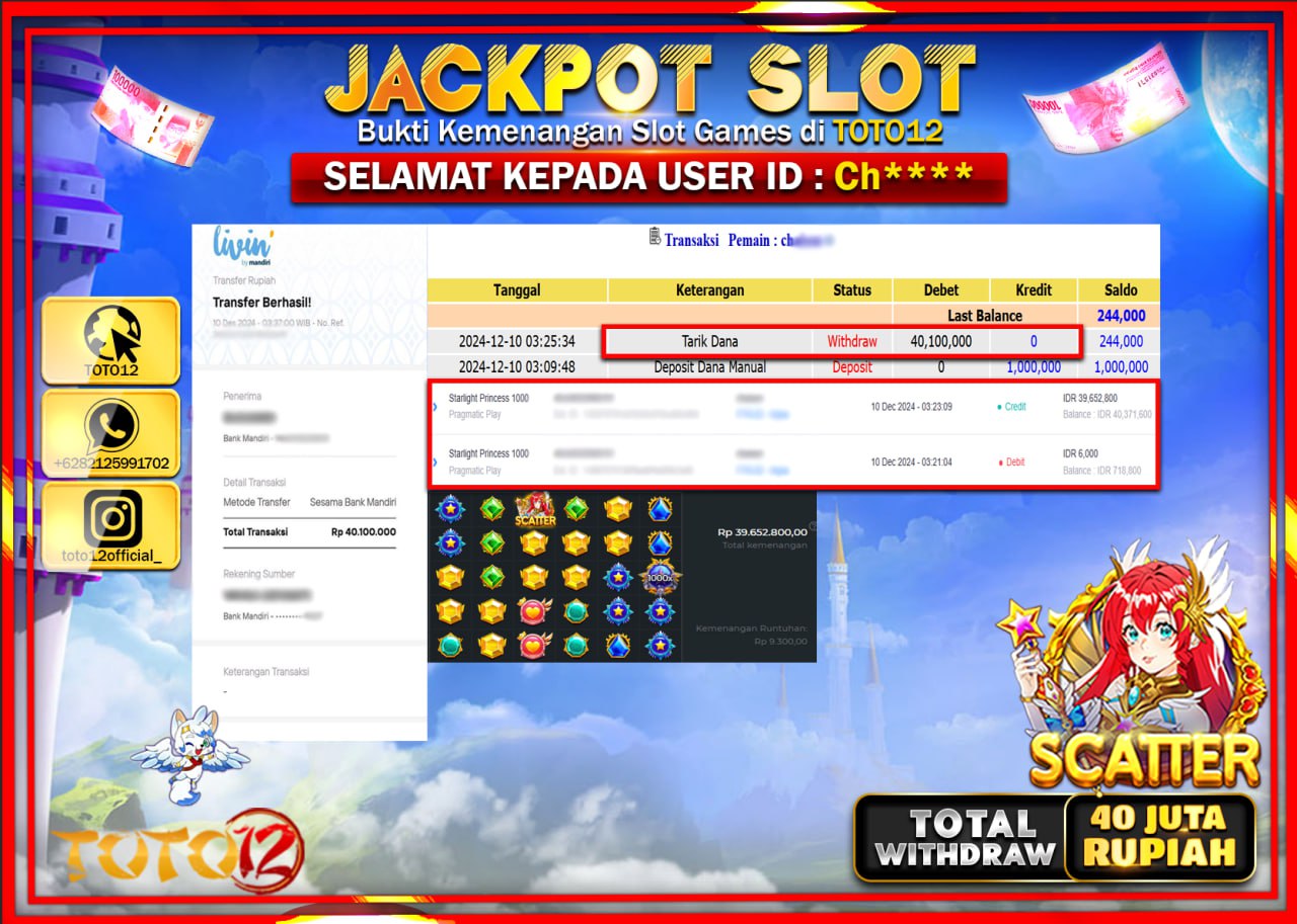 HANYA DI TOTO12 JP PASTI DI BAYAR LUNAS DAN CEPAT!!!!!! JACKPOT SLOT GAME (STARLIGHT PRINCESS 1000) Rp.40.000.000 !!!!